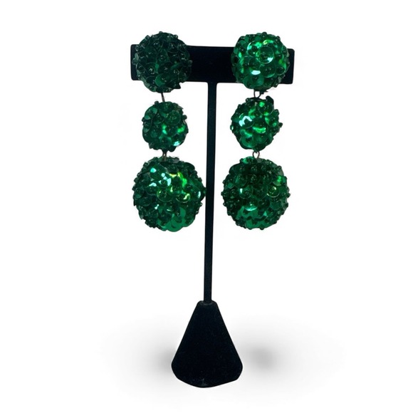The Unbranded Brand Jewelry - VTG Dangle Green Sequin Ball Earrings Runway Statement Disco Beaded Clip On